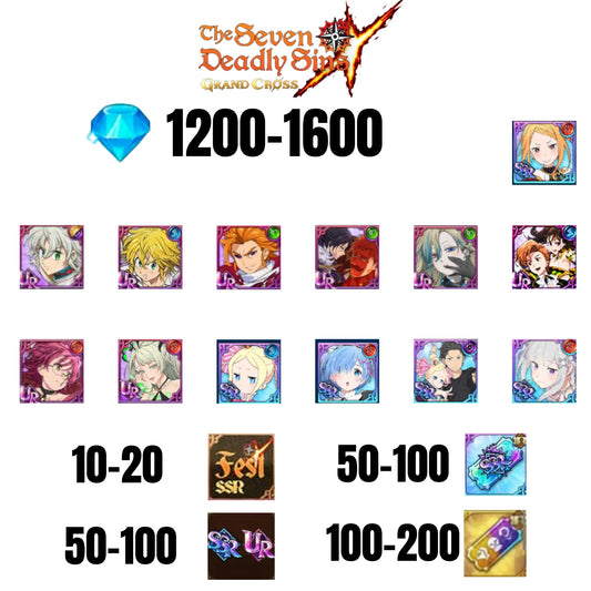 [GLOBAL] 1200-1600 GEMS | SUBARU/BEATRICE | SALOS | ESCANOR/MERLIN | SHINRA | 5 FEST UR | 2 COLLAB | 10-20 FEST SSR | 50-100 UR/SSR | 50-100 TICKET SSR