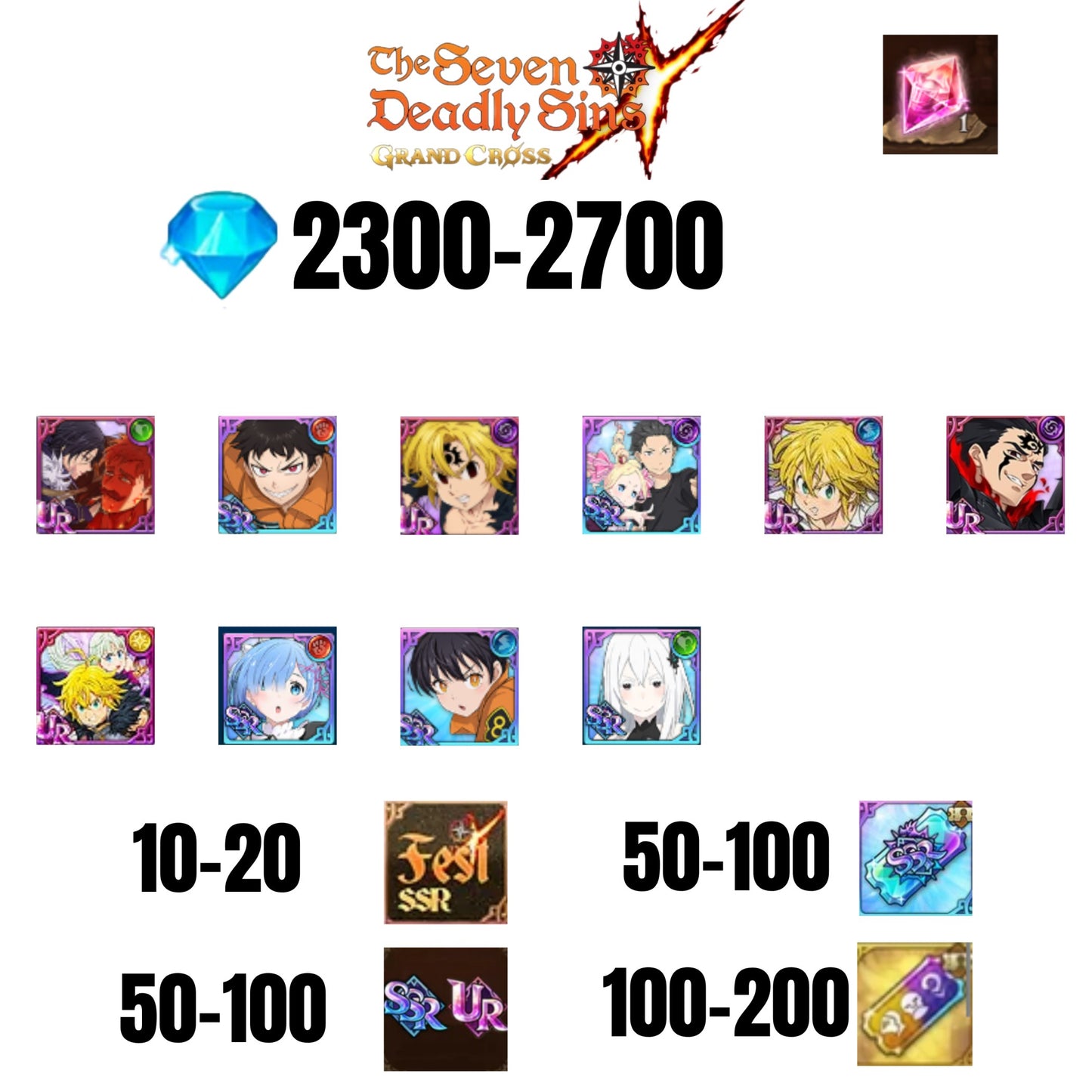 [GLOBAL] 2300-2700 GEMS | NEW MELIODAS | SUBARU/BEATRICE | SHINRA | 5 FEST UR | 5 COLLAB | UR FEST SELECTOR |10-20 FEST SSR | 50-100 UR/SSR | 50-100 TICKET SSR