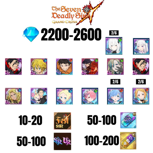 [GLOBAL] 2200-2600 GEMS | SUBARU/BEATRICE | SALOS | ESCANOR/MERLIN | SHINRA | 4 FEST UR | 8 COLLAB | 10-20 FEST SSR | 50-100 UR/SSR | 50-100 TICKET SSR