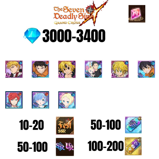[GLOBAL] 3000-3400 GEMS | NEW MELIODAS | SUBARU/BEATRICE | SHINRA | 3 FEST UR | 6 COLLAB | UR FEST SELECTOR |10-20 FEST SSR | 50-100 UR/SSR | 50-100 TICKET SSR