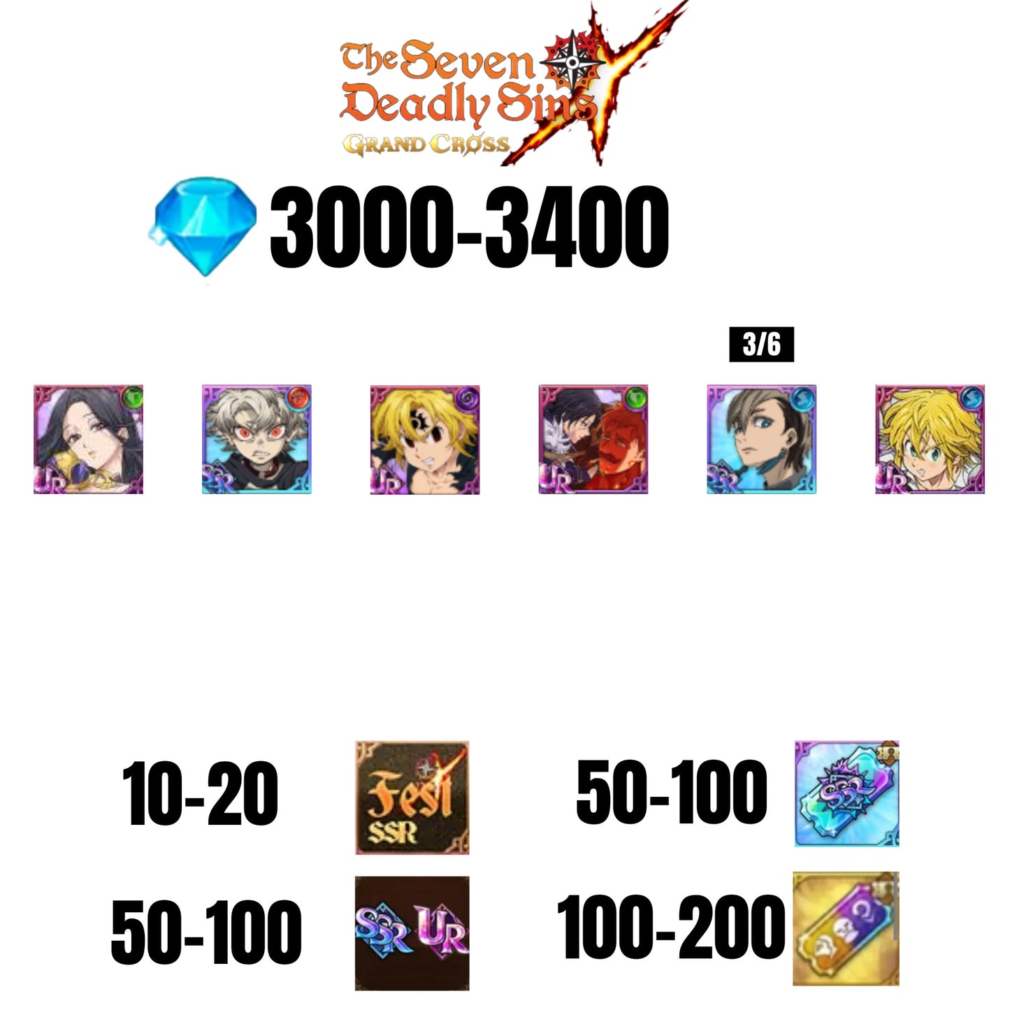 [GLOBAL] 3000-3400 GEMS | NEMESIS MELIODAS | ESCANOR/MERLIN | RUDO | 4 FEST UR | 2 COLLAB | 10-20 FEST SSR