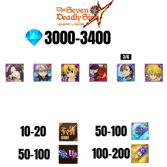 [GLOBAL] 3000-3400 GEMS | NEMESIS MELIODAS | ESCANOR/MERLIN | RUDO | 4 FEST UR | 2 COLLAB | 10-20 FEST SSR