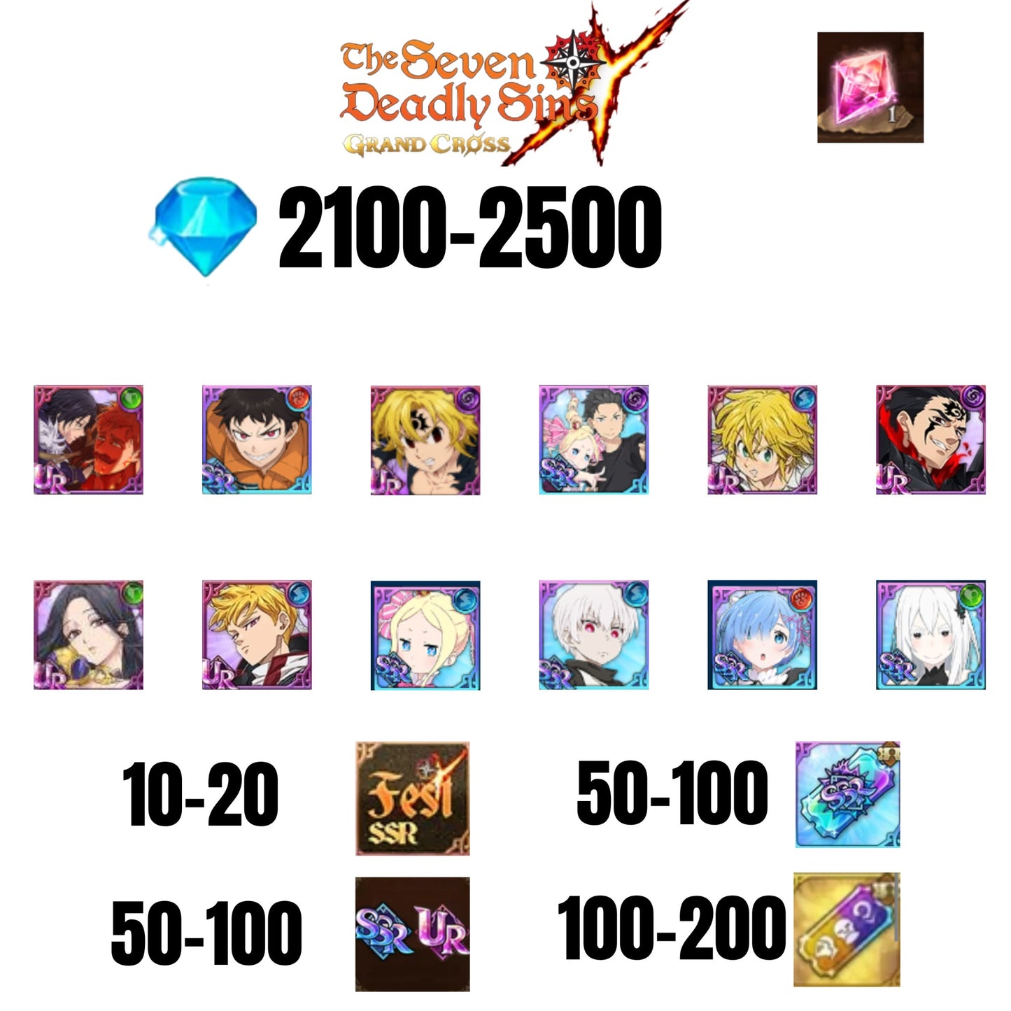 [GLOBAL] 2100-2500 GEMS | NEW MELIODAS | SUBARU/BEATRICE | SHINRA | 6 FEST UR | 6 COLLAB | UR FEST SELECTOR |10-20 FEST SSR | 50-100 UR/SSR | 50-100 TICKET SSR