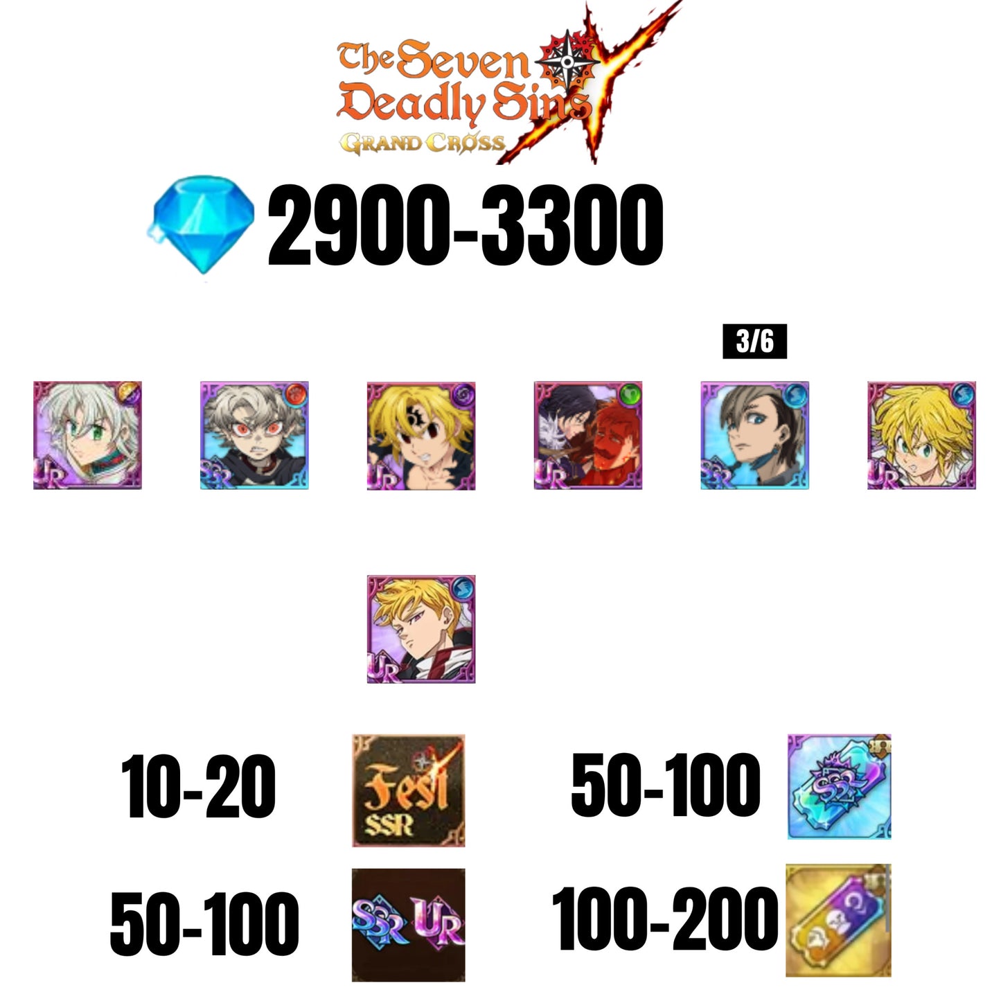 [GLOBAL] 2900-3300 GEMS | NEMESIS MELIODAS | ESCANOR/MERLIN | RUDO | 5 FEST UR | 2 COLLAB | 10-20 FEST SSR