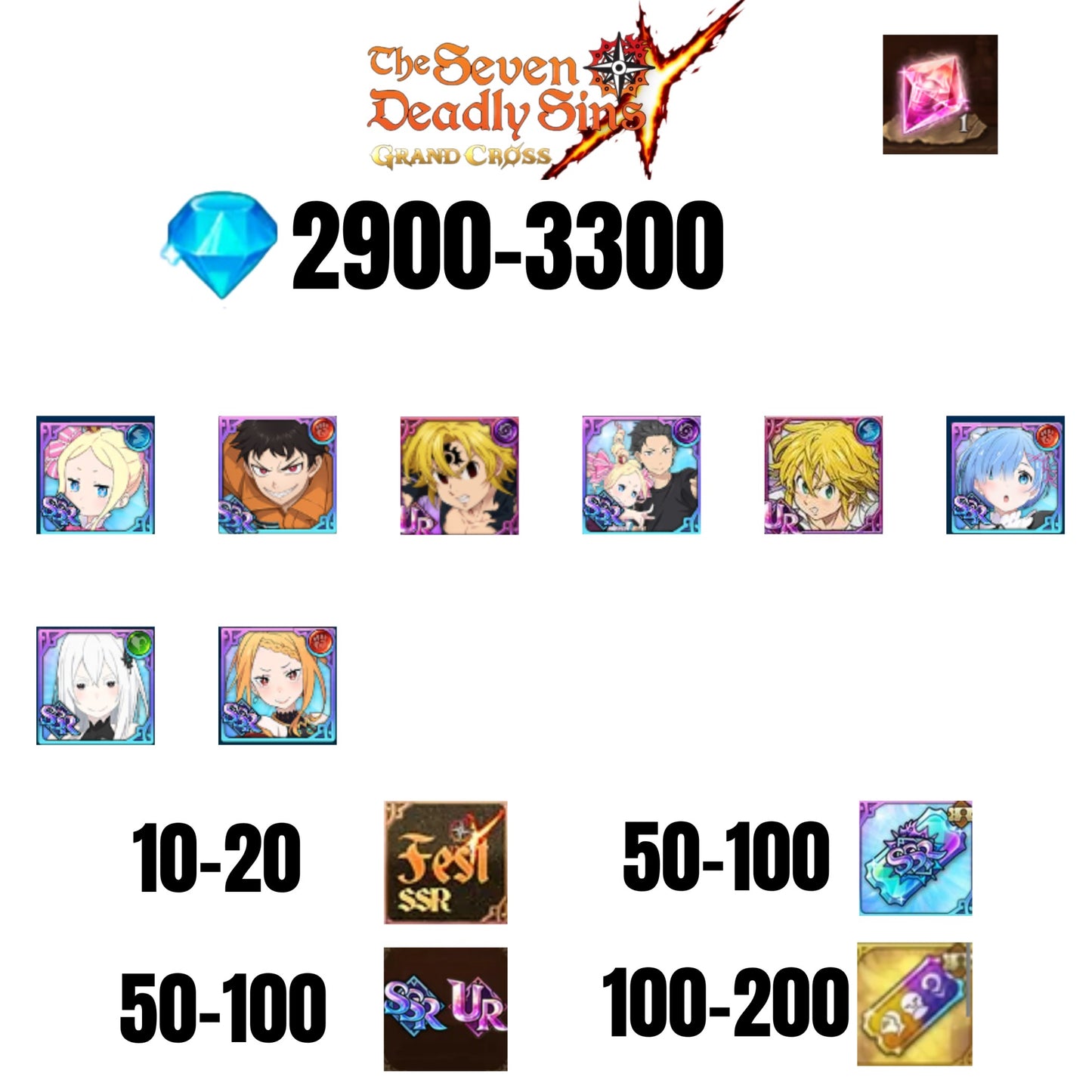 [GLOBAL] 2900-3300 GEMS | NEW MELIODAS | SUBARU/BEATRICE | SHINRA | 2 FEST UR | 6 COLLAB | UR FEST SELECTOR |10-20 FEST SSR | 50-100 UR/SSR | 50-100 TICKET SSR