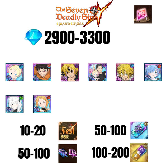 [GLOBAL] 2900-3300 GEMS | NEW MELIODAS | SUBARU/BEATRICE | SHINRA | 2 FEST UR | 6 COLLAB | UR FEST SELECTOR |10-20 FEST SSR | 50-100 UR/SSR | 50-100 TICKET SSR