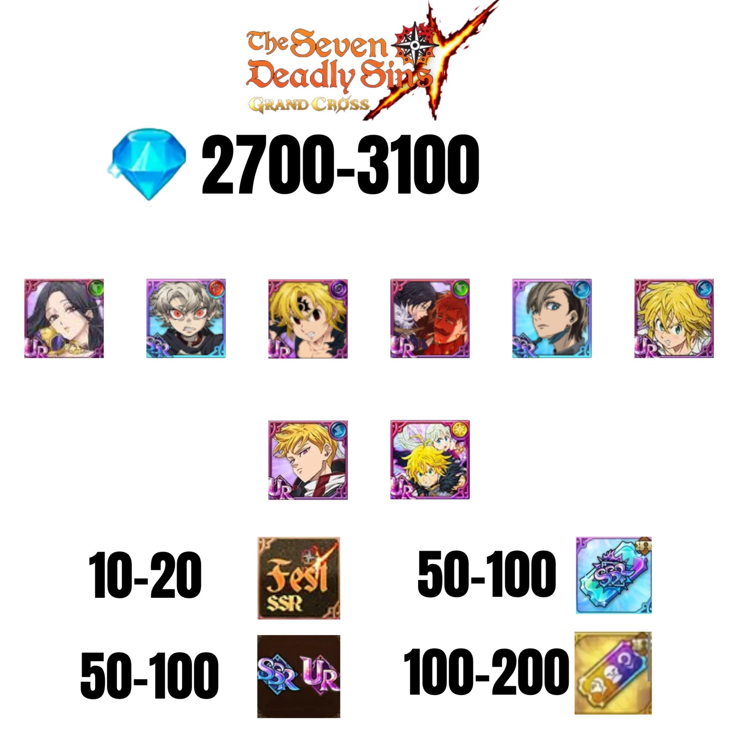 [GLOBAL] 2700-3100 GEMS | NEMESIS MELIODAS | ESCANOR/MERLIN | RUDO | 6 FEST UR | 2 COLLAB | 10-20 FEST SSR