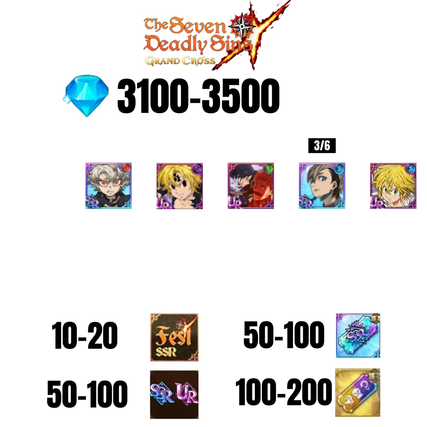 [GLOBAL] 3100-3500 GEMS | NEMESIS MELIODAS | ESCANOR/MERLIN | RUDO | 3 FEST UR | 2 COLLAB | 10-20 FEST SSR