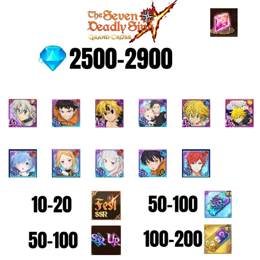 [GLOBAL] 2500-2900 GEMS | NEW MELIODAS | SUBARU/BEATRICE | SHINRA | 4 FEST UR | 7 COLLAB | UR FEST SELECTOR |10-20 FEST SSR | 50-100 UR/SSR | 50-100 TICKET SSR