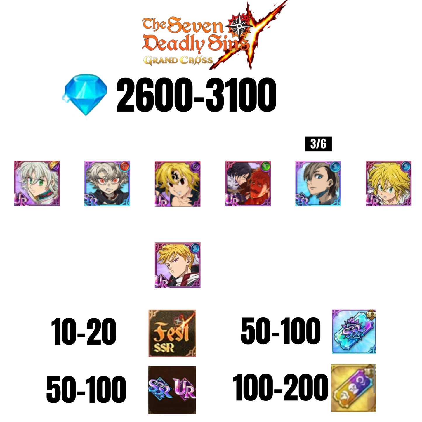 [GLOBAL] 2600-3100 GEMS | NEMESIS MELIODAS | ESCANOR/MERLIN | RUDO | 5 FEST UR | 2 COLLAB | 10-20 FEST SSR