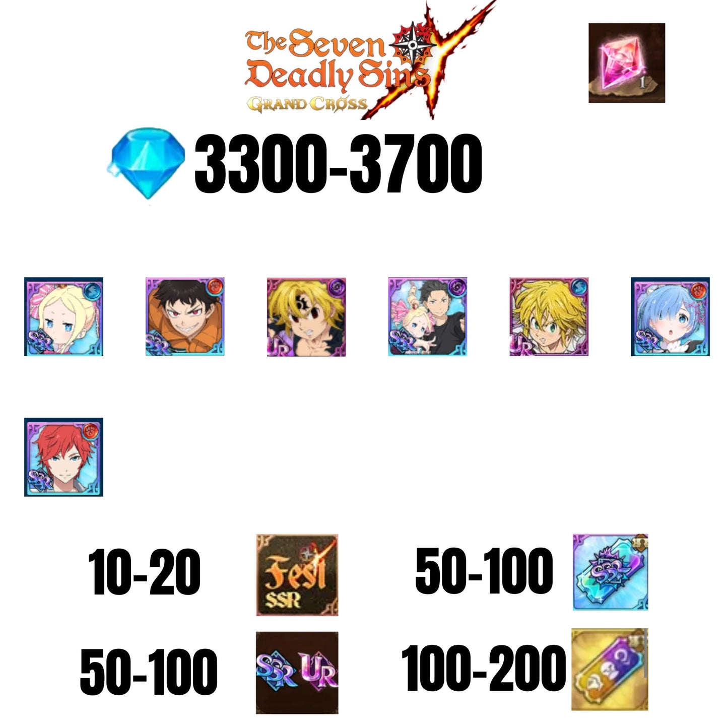 [GLOBAL] 3300-3700 GEMS | NEW MELIODAS | SUBARU/BEATRICE | SHINRA | 2 FEST UR | 5 COLLAB | UR FEST SELECTOR |10-20 FEST SSR | 50-100 UR/SSR | 50-100 TICKET SSR