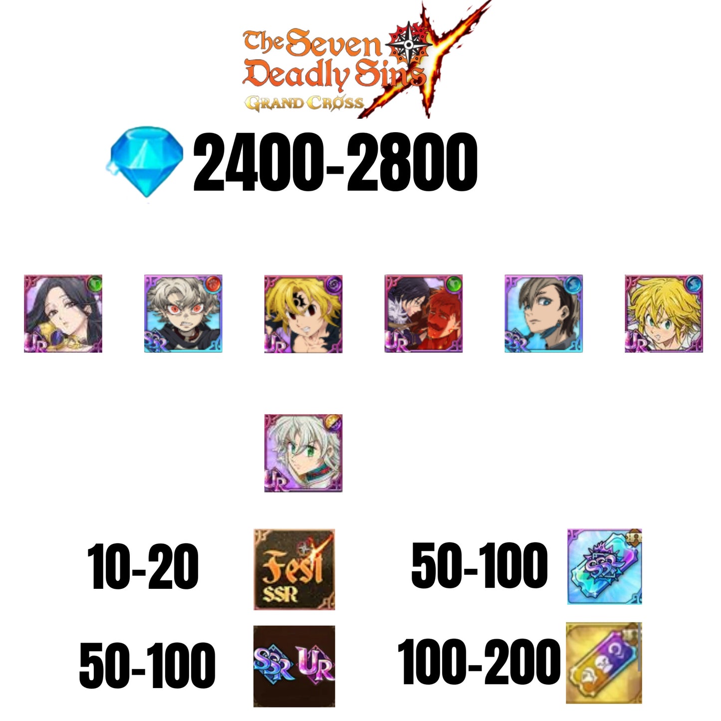[GLOBAL] 2400-2800 GEMS | NEMESIS MELIODAS | ESCANOR/MERLIN | RUDO | 5 FEST UR | 2 COLLAB | 10-20 FEST SSR