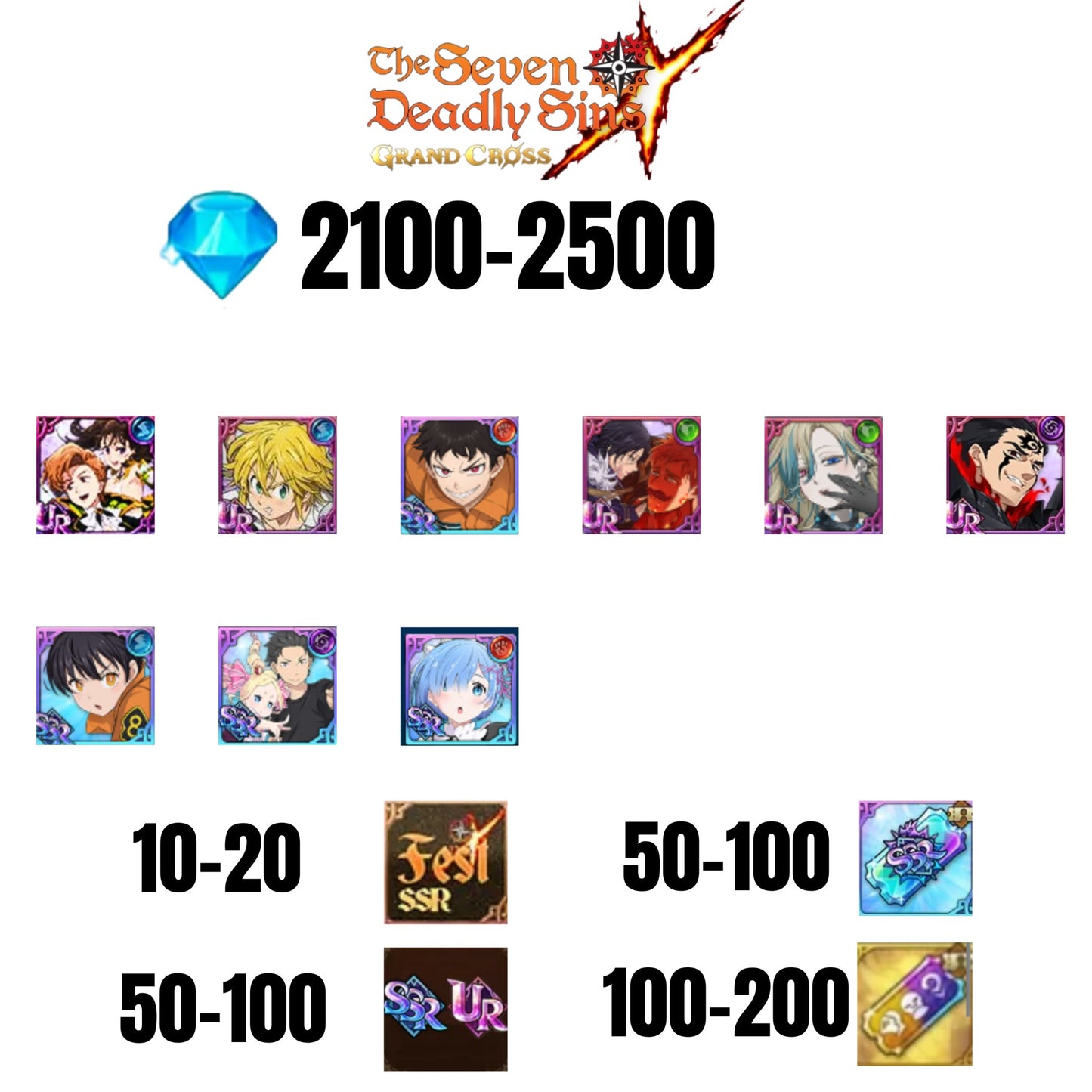 [GLOBAL] 2100-2500 GEMS | SUBARU/BEATRICE | SALOS | ESCANOR/MERLIN | SHINRA | 5 FEST UR | 4 COLLAB | 10-20 FEST SSR | 50-100 UR/SSR | 50-100 TICKET SSR