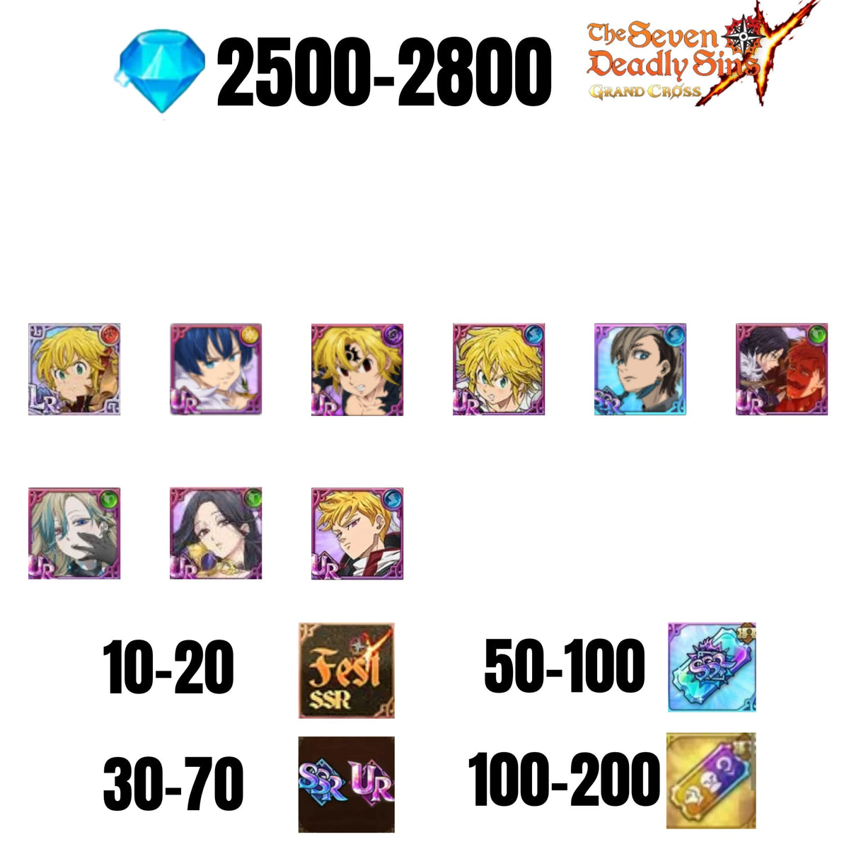[GLOBAL] 2500-2800 GEMS | GAWAIN | NEMESIS MELIODAS | ESCANOR/MERLIN | 7 FEST UR | 1 COLLAB | 30-70 FEST UR/SSR