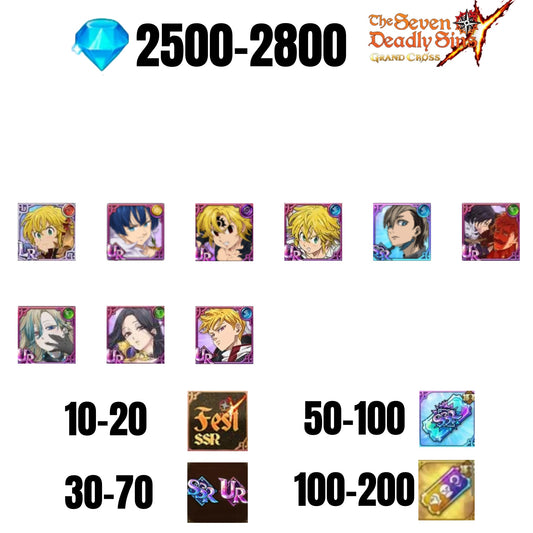 [GLOBAL] 2500-2800 GEMS | GAWAIN | NEMESIS MELIODAS | ESCANOR/MERLIN | 7 FEST UR | 1 COLLAB | 30-70 FEST UR/SSR