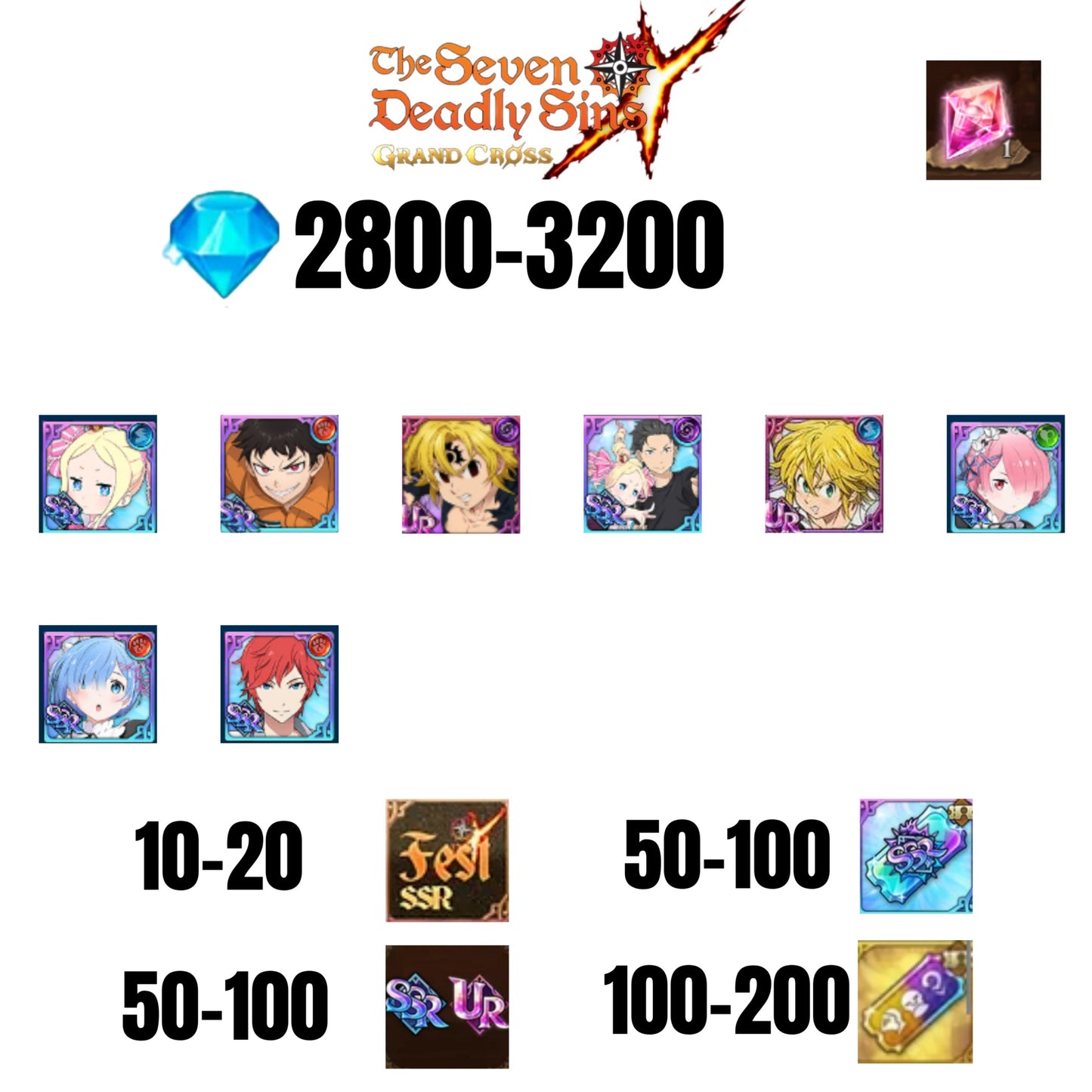 [GLOBAL] 2800-3200 GEMS | NEW MELIODAS | SUBARU/BEATRICE | SHINRA | 2 FEST UR | 6 COLLAB | UR FEST SELECTOR |10-20 FEST SSR | 50-100 UR/SSR | 50-100 TICKET SSR