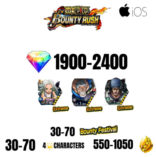 🔥2400 GEMS💎3 EX CHARACTERS GUARANTEED🔥70 BOUNTY FESTIVAL🔥70 4-STAR CHARACTERS🔥1050 GOLD FRAGMENTS🔥ONE PIECE BOUNTY RUSH(IOS)✨️