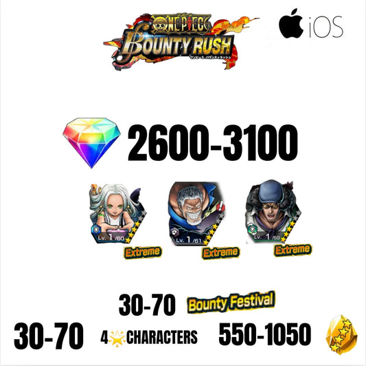🔥3100 GEMS💎3 EX CHARACTERS GUARANTEED🔥70 BOUNTY FESTIVAL🔥70 4-STAR CHARACTERS🔥1050 GOLD FRAGMENTS🔥ONE PIECE BOUNTY RUSH(IOS)✨️