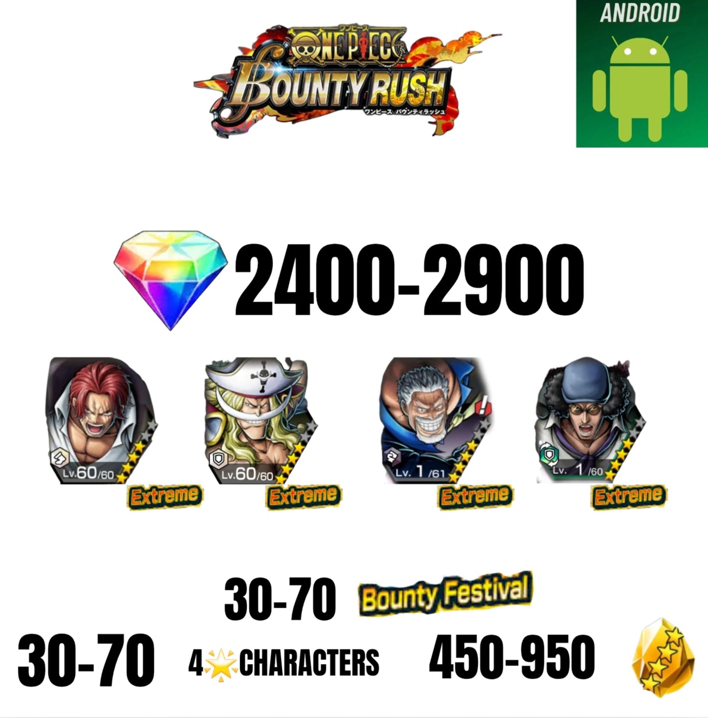 🔥2900 GEMS💎4 EX CHARACTERS GUARANTEED🔥70 BOUNTY FESTIVAL🔥70 4-STAR CHARACTERS🔥1050 GOLD FRAGMENTS🔥ONE PIECE BOUNTY RUSH(ANDROID)✨️