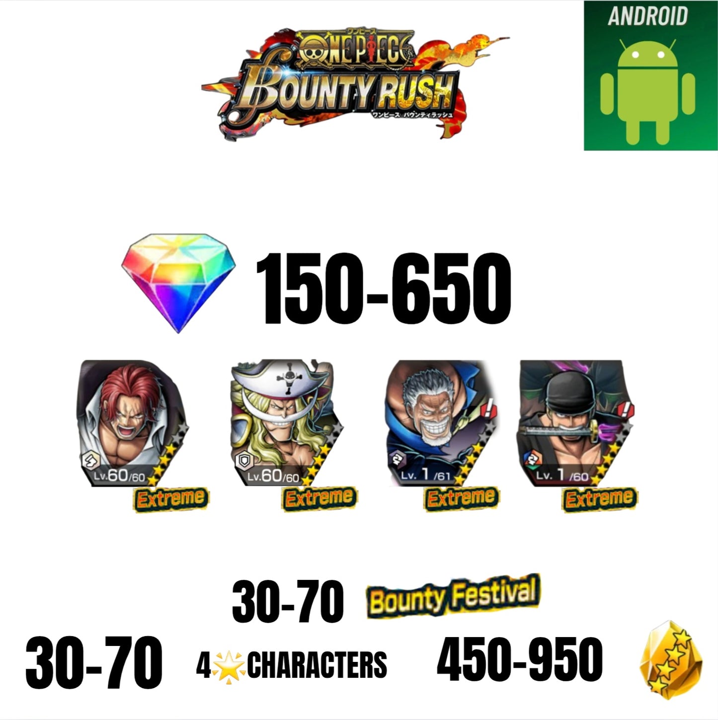 🔥650 GEMS💎4 EX CHARACTERS GUARANTEED🔥70 BOUNTY FESTIVAL🔥70 4-STAR CHARACTERS🔥950 GOLD FRAGMENTS🔥ONE PIECE BOUNTY RUSH(ANDROID)✨️