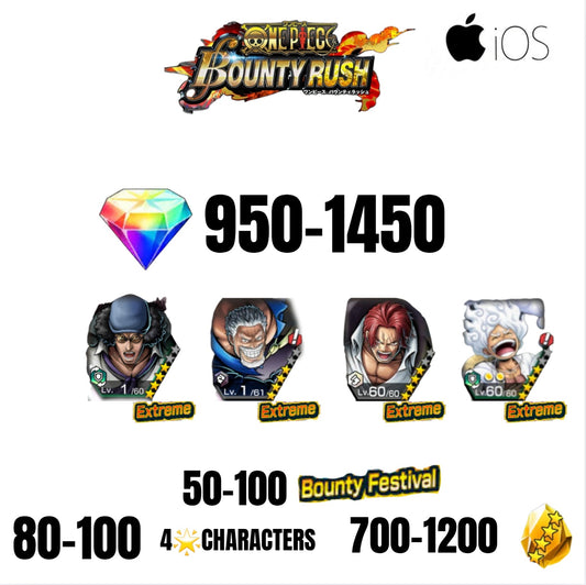 🔥1450 GEMS💎4 EX CHARACTERS GUARANTEED🔥100 BOUNTY FESTIVAL🔥100 4-STAR CHARACTERS🔥1200 GOLD FRAGMENTS🔥ONE PIECE BOUNTY RUSH(IOS)✨️
