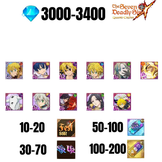 [GLOBAL] 3000-3400 GEMS | ODIN | GAWAIN | NEMESIS MELIODAS | ESCANOR/MERLIN | 10 FEST UR | 30-70 FEST UR/SSR