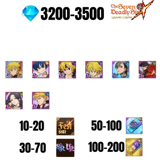 [GLOBAL] 3200-3500 GEMS | GAWAIN | NEMESIS MELIODAS | ESCANOR/MERLIN | 6 FEST UR | 1 COLLAB | 30-70 FEST UR/SSR