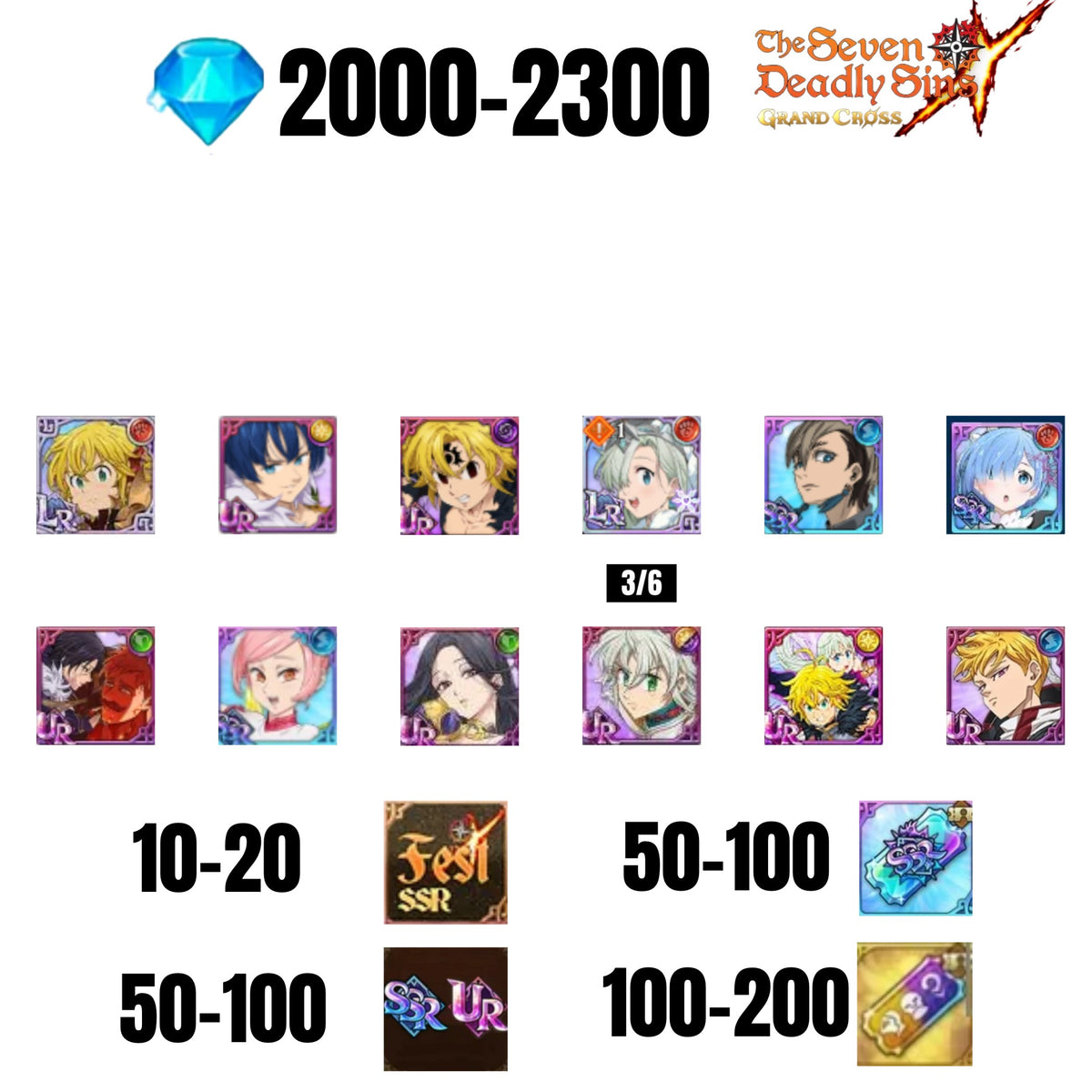 [GLOBAL] 2000-2300 GEMS | GAWAIN | NEMESIS MELIODAS | ESCANOR/MERLIN | 7 FEST UR | 2 COLLAB | 30-70 FEST UR/SSR