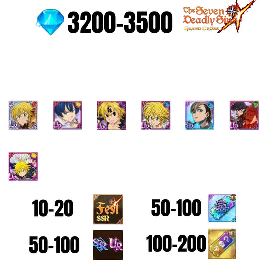 [GLOBAL] 3200-3500 GEMS | GAWAIN | NEMESIS MELIODAS | ESCANOR/MERLIN | 5 FEST UR | 1 COLLAB | 30-70 FEST UR/SSR