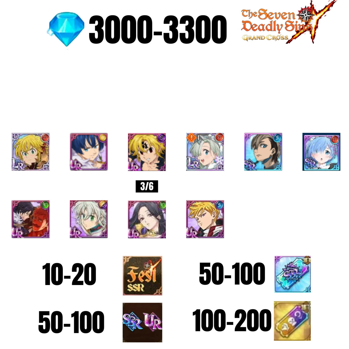 [GLOBAL] 3000-3300 GEMS | GAWAIN | NEMESIS MELIODAS | ESCANOR/MERLIN | 6 FEST UR | 2 COLLAB | 30-70 FEST UR/SSR