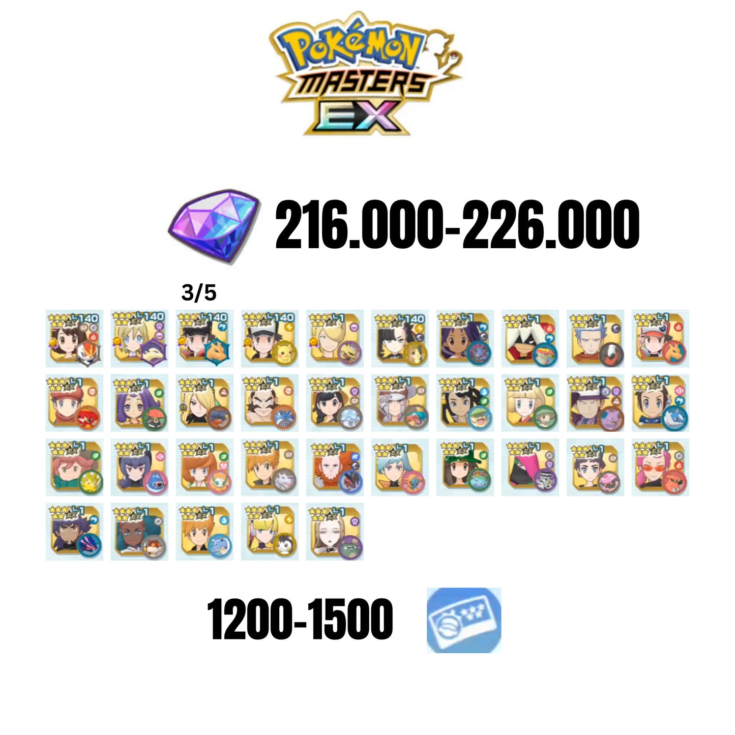 [ANDROID] 216.000-226.000 GEMS | RED&CHARIZARD 3/5 2025 | IRIDA&TYPHLOSION 2025 | GLORIA&CINDERACE 2025 | RED&PIKACHU | ETHELO&GIRATINA | 30 MASTERPARTY | 1200-1500 TICKET 5-STAR