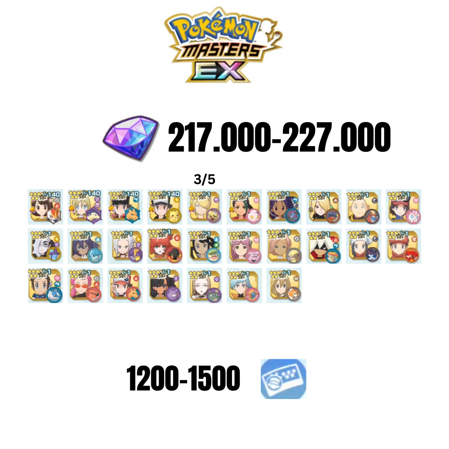 [ANDROID] 217.000-227.000 GEMS | RED&CHARIZARD 2025 | IRIDA&TYPHLOSION 2025 | GLORIA&CINDERACE 2025 | RED&PIKACHU | ETHELO&GIRATINA 3/5 | NEMONA&SCREAMTAIL | 22 MASTERPARTY | 1200-1500 TICKET 5-STAR
