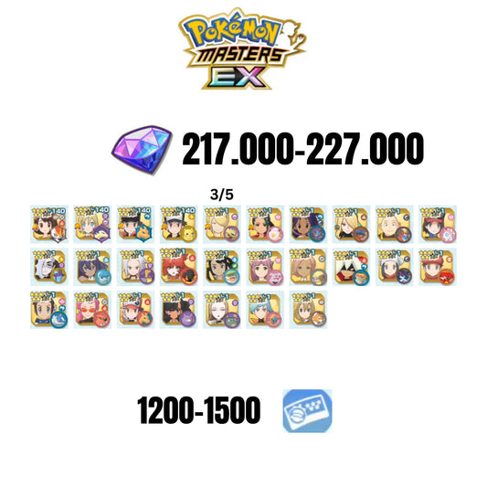 [ANDROID] 217.000-227.000 GEMS | RED&CHARIZARD 2025 | IRIDA&TYPHLOSION 2025 | GLORIA&CINDERACE 2025 | RED&PIKACHU | ETHELO&GIRATINA 3/5 | NEMONA&SCREAMTAIL | 22 MASTERPARTY | 1200-1500 TICKET 5-STAR