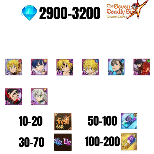 [GLOBAL] 2900-3200 GEMS | GAWAIN | NEMESIS MELIODAS | ESCANOR/MERLIN | 6 FEST UR | 1 COLLAB | 30-70 FEST UR/SSR