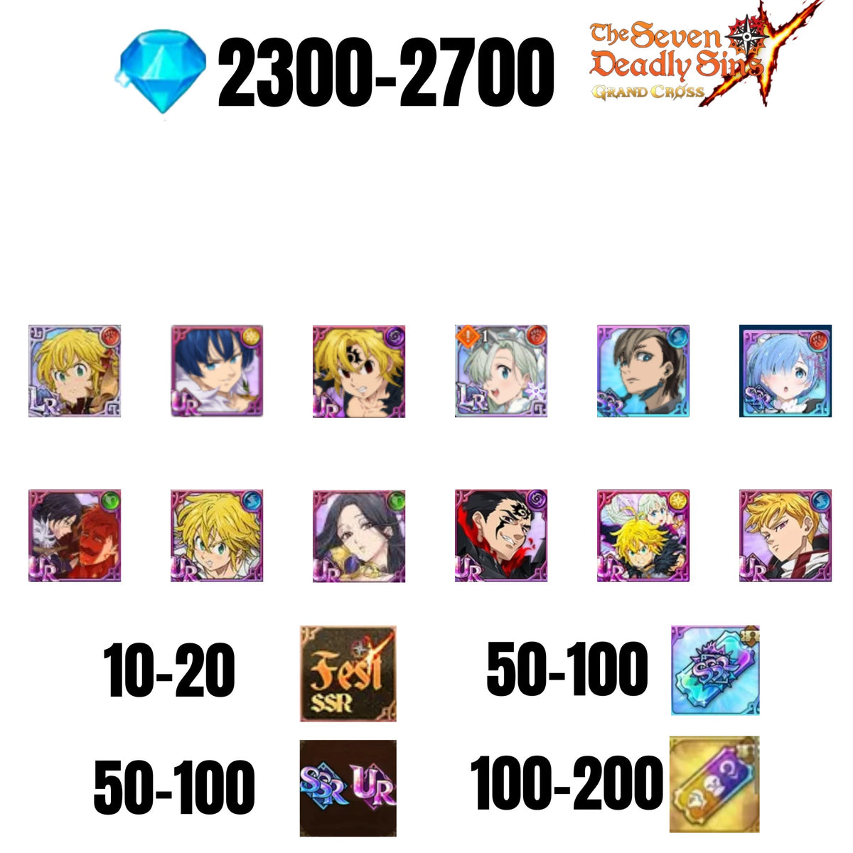 [GLOBAL] 2300-2700 GEMS | GAWAIN | NEMESIS MELIODAS | ESCANOR/MERLIN | 8 FEST UR | 2 COLLAB | 30-70 FEST UR/SSR