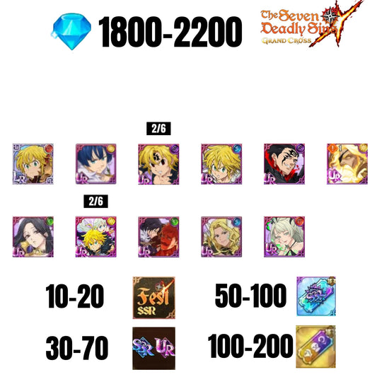 [GLOBAL] 1800-2200 GEMS | ODIN | GAWAIN | NEMESIS MELIODAS | ESCANOR/MERLIN | 10 FEST UR | 30-70 FEST UR/SSR