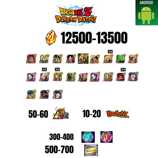 [GLOBAL][ANDROID] 12500-13500 STONES | GOKU SS4 | VEGETA SS3 | GOKU UI | VEGETA SS4 | 21 CHARACTERS | 50-60 LR + 10-20 DOKKAN FEST | 300-400 COIN | 500 TICKET