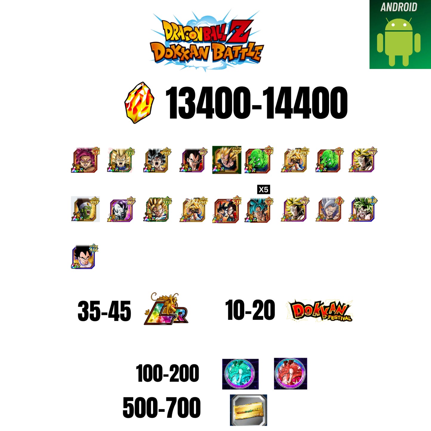 [GLOBAL][ANDROID] 13400-14400 STONES | GOKU SS4 | VEGETA SS3 | GOKU UI | VEGETA SS4 | 19 CHARACTERS | 35-45 LR + 10-20 DOKKAN FEST | 100-200 COIN | 500 TICKET