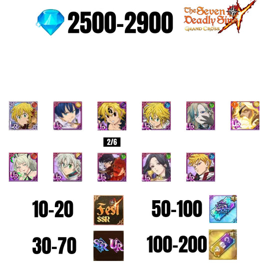 [GLOBAL] 2500-2900 GEMS | ODIN | GAWAIN | NEMESIS MELIODAS | ESCANOR/MERLIN | 10 FEST UR | 30-70 FEST UR/SSR
