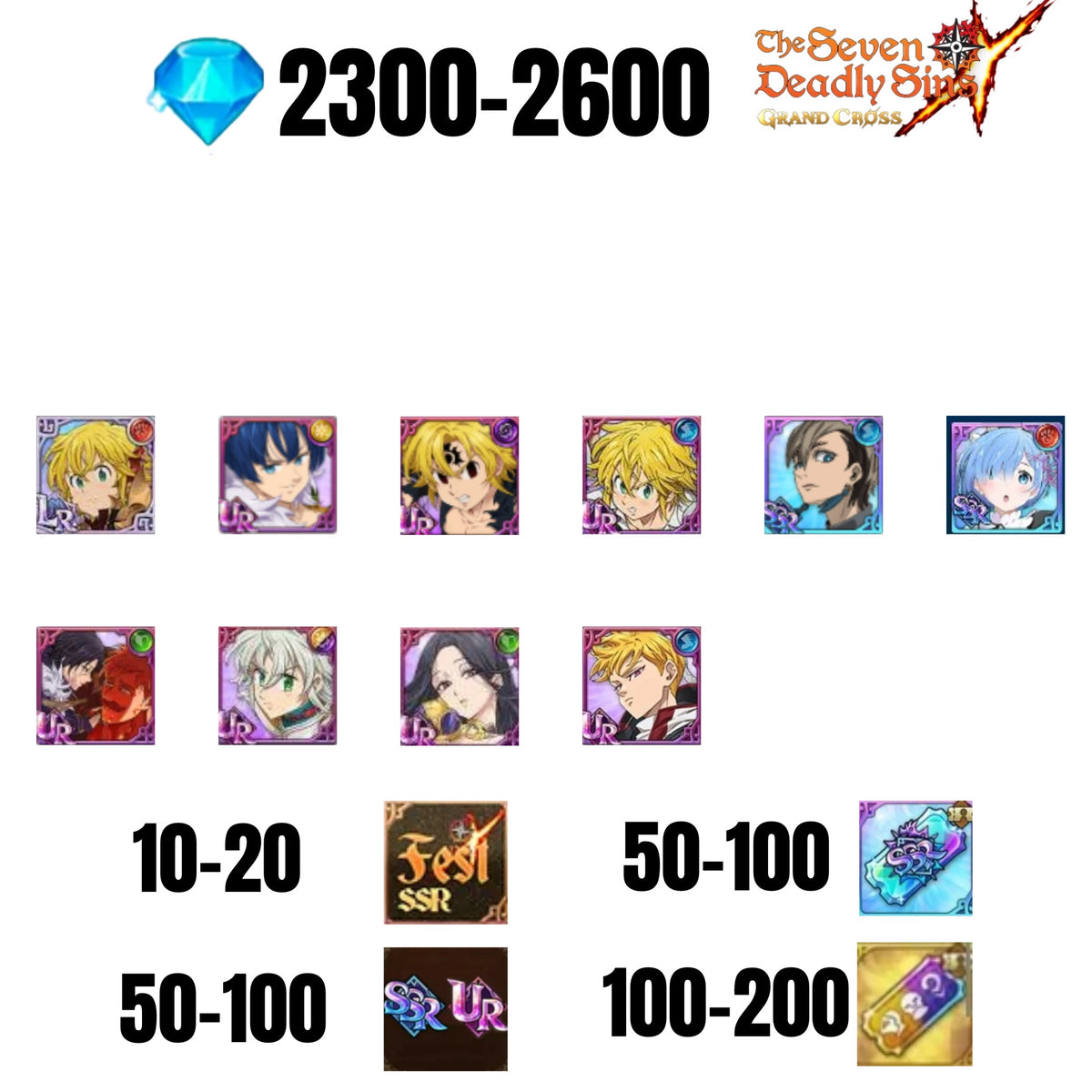 [GLOBAL] 2300-2600 GEMS | GAWAIN | NEMESIS MELIODAS | ESCANOR/MERLIN | 7 FEST UR | 1 COLLAB | 30-70 FEST UR/SSR