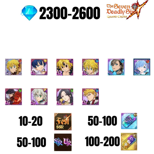 [GLOBAL] 2300-2600 GEMS | GAWAIN | NEMESIS MELIODAS | ESCANOR/MERLIN | 7 FEST UR | 1 COLLAB | 30-70 FEST UR/SSR